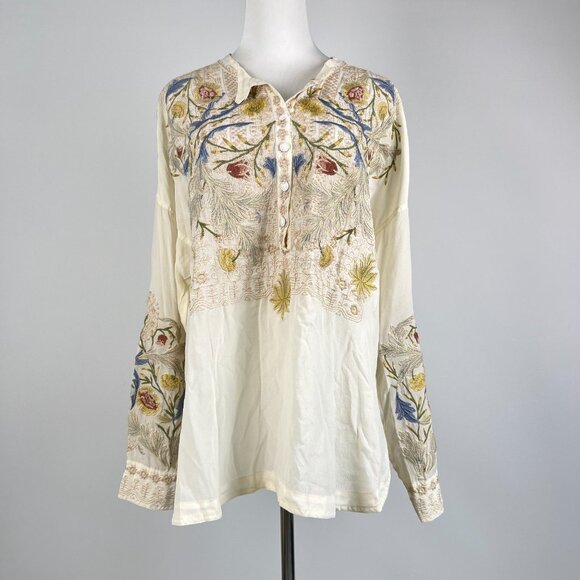 NWOT Johnny Was Biya Embroidered Floral Silk Button-Down Shirt Blouse Sz S - Picture 2 of 12